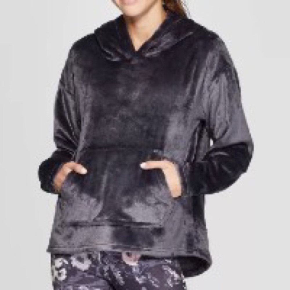 Champion Pullover, Hooded, Hand Pocket, Dark Gray, Fur-Like, Soft & Comfy, Sz L